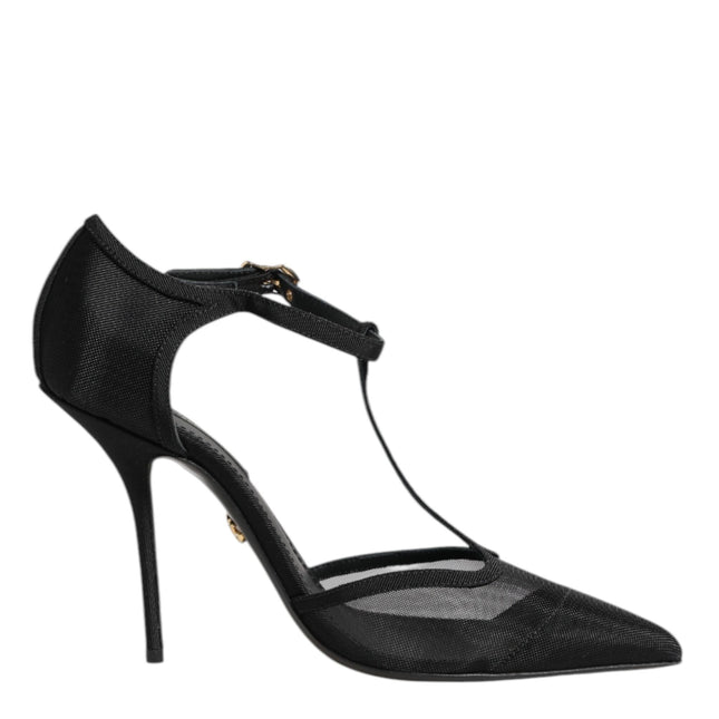 Dolce & Gabbana Black Mesh T-strap Stiletto High Heels Shoes
