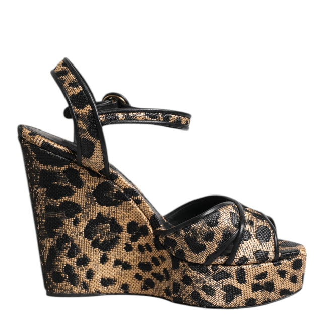 Dolce & Gabbana Brown Leopard Wedges Ankle Strap Sandals Shoes