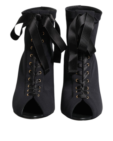 Dolce & Gabbana Black Stiletto Heels Lace Up Boots Shoes