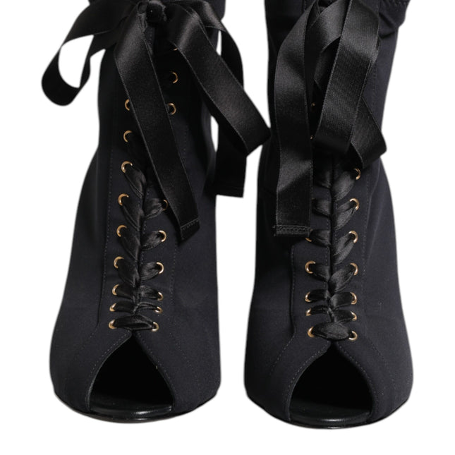 Dolce & Gabbana Black Stiletto Heels Lace Up Boots Shoes