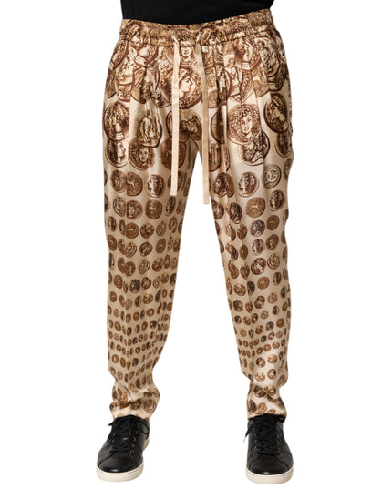 Dolce & Gabbana Beige Coin Print Silk Twill Men Jogger Pants
