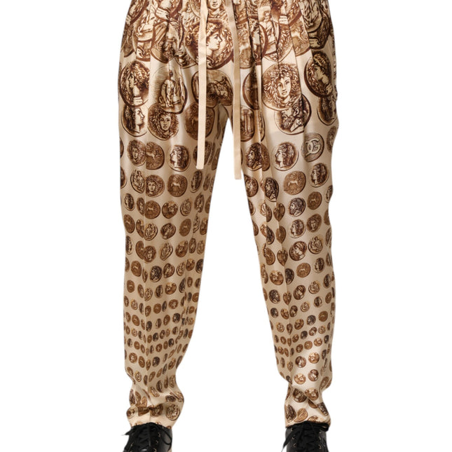 Dolce & Gabbana Beige Coin Print Silk Twill Men Jogger Pants