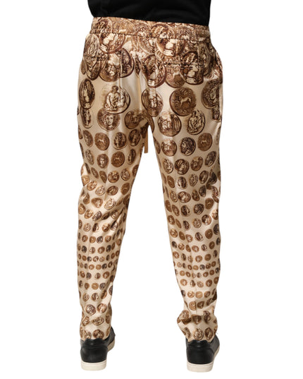 Dolce & Gabbana Beige Coin Print Silk Twill Men Jogger Pants