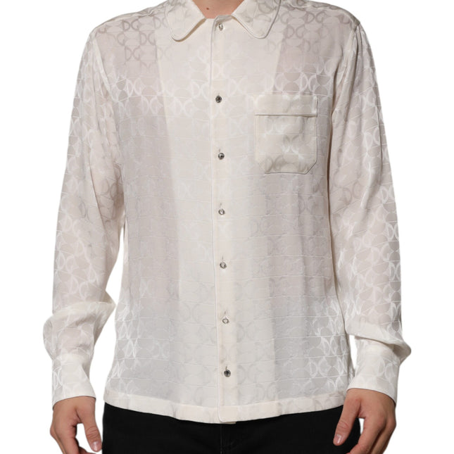 Dolce & Gabbana White Silk DG Logo Print Long Sleeves Shirt