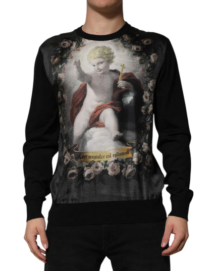Dolce & Gabbana Black Cashmere Cherub Print Baroque Sweater