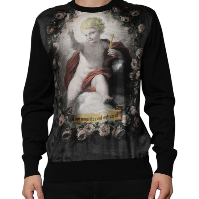 Dolce & Gabbana Black Cashmere Cherub Print Baroque Sweater