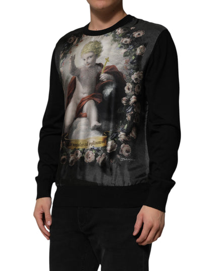 Dolce & Gabbana Black Cashmere Cherub Print Baroque Sweater