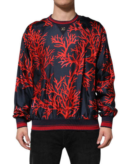 Dolce & Gabbana Navy Red Silk Coral Print Pullover Sweater