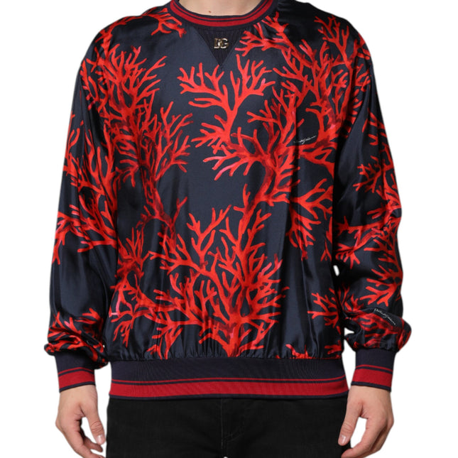 Dolce & Gabbana Navy Red Silk Coral Print Pullover Sweater