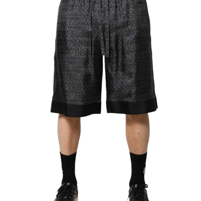 Dolce & Gabbana Gray Black Silk DG Logo Men Bermuda Shorts