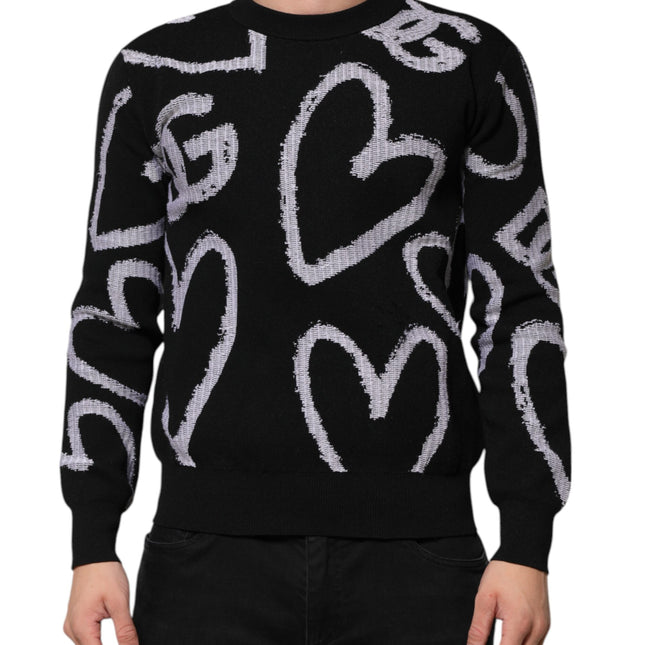Dolce & Gabbana Black Nylon Wool Heart Print Pullover Sweater