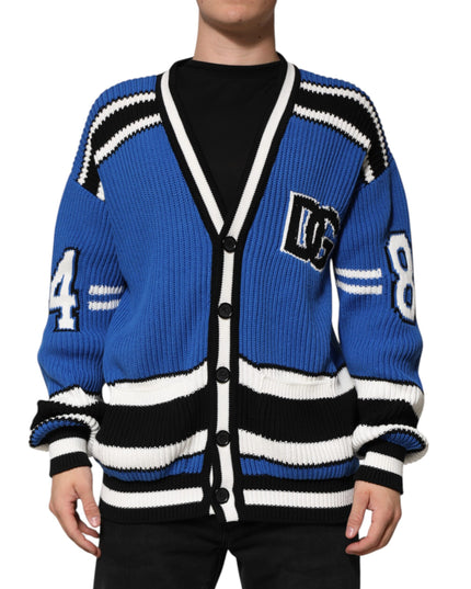 Dolce & Gabbana Blue Cotton Logo Patch Ribbed Knit Cardigan Sweater