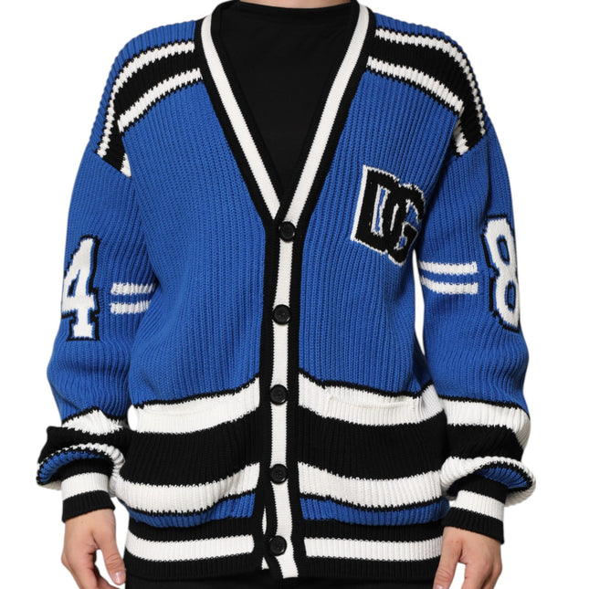 Dolce & Gabbana Blue Cotton Logo Patch Ribbed Knit Cardigan Sweater