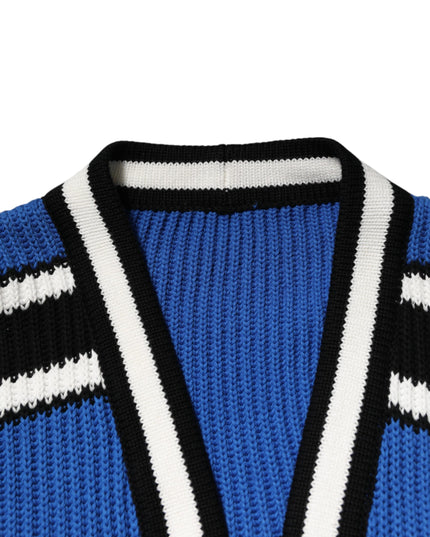 Dolce & Gabbana Blue Cotton Logo Patch Ribbed Knit Cardigan Sweater