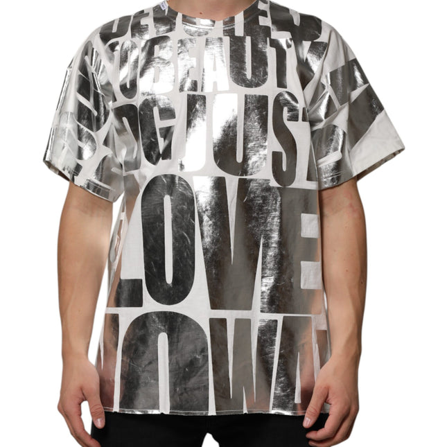 Dolce & Gabbana White Cotton Silver Metallic Slogan Print T-shirt
