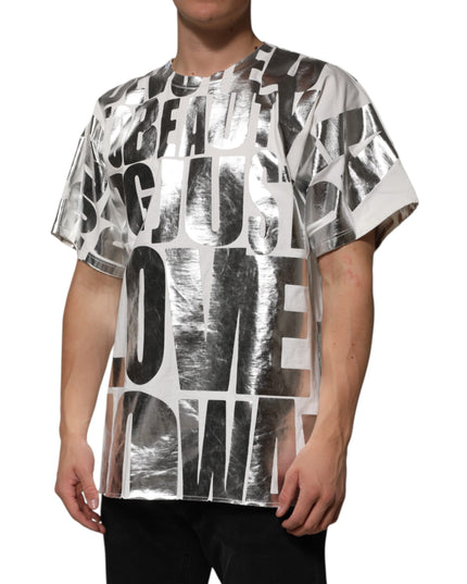 Dolce & Gabbana White Cotton Silver Metallic Slogan Print T-shirt