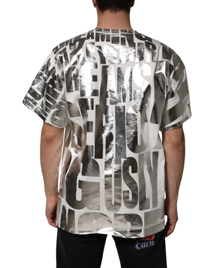 Dolce & Gabbana White Cotton Silver Metallic Slogan Print T-shirt