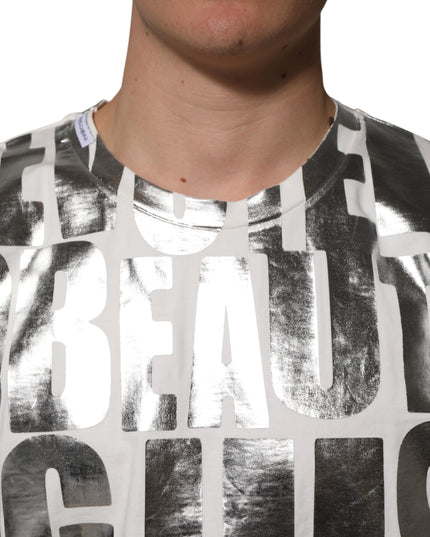 Dolce & Gabbana White Cotton Silver Metallic Slogan Print T-shirt