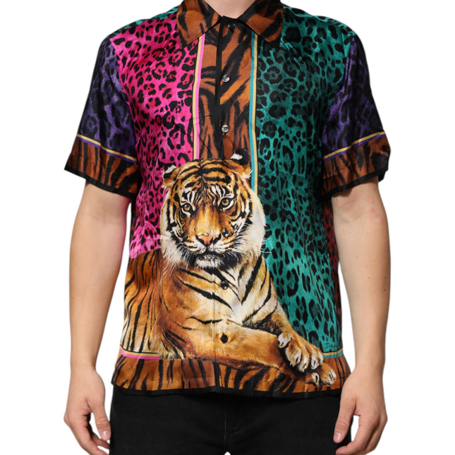 Dolce & Gabbana Multicolor Silk Tiger Print Hawaiian T-shirt