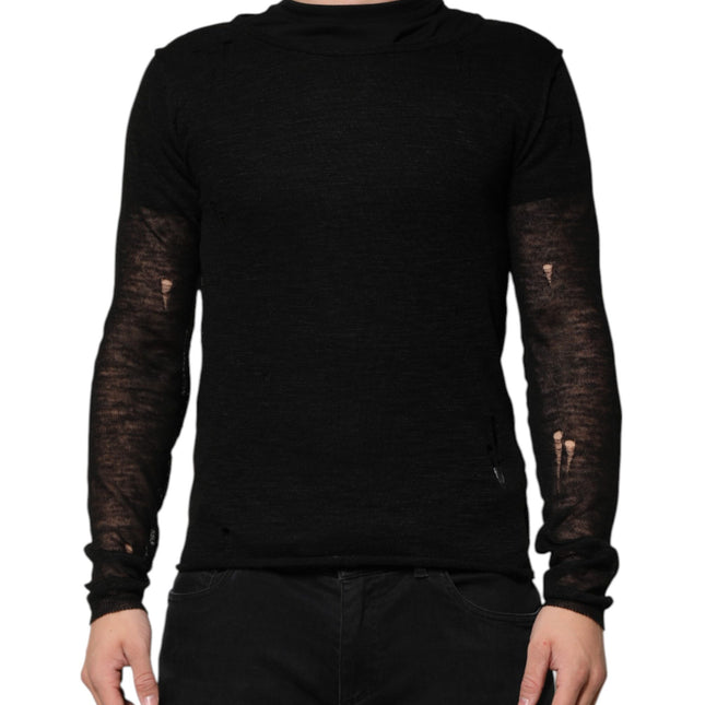 Dolce & Gabbana Black Linen Mesh Tattered Longsleeves T-shirt