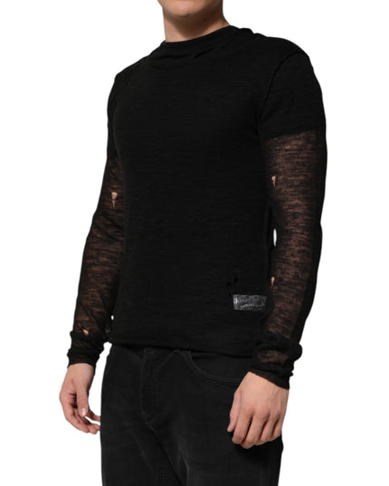 Dolce & Gabbana Black Linen Mesh Tattered Longsleeves T-shirt