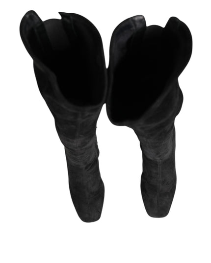 Dolce & Gabbana Black Suede Leather Knee High Boots Shoes