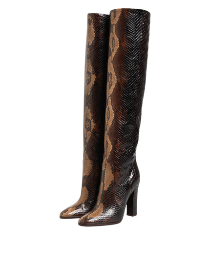 Dolce & Gabbana Brown Python Snakeskin Print Riding Boots Shoes