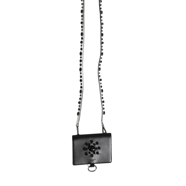 Dolce & Gabbana Black Leather Crystal Embellished Card Holder Wallet