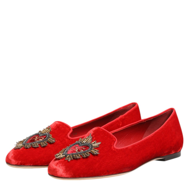 Dolce & Gabbana Red Velvet DG Heart Loafers Flat Shoes