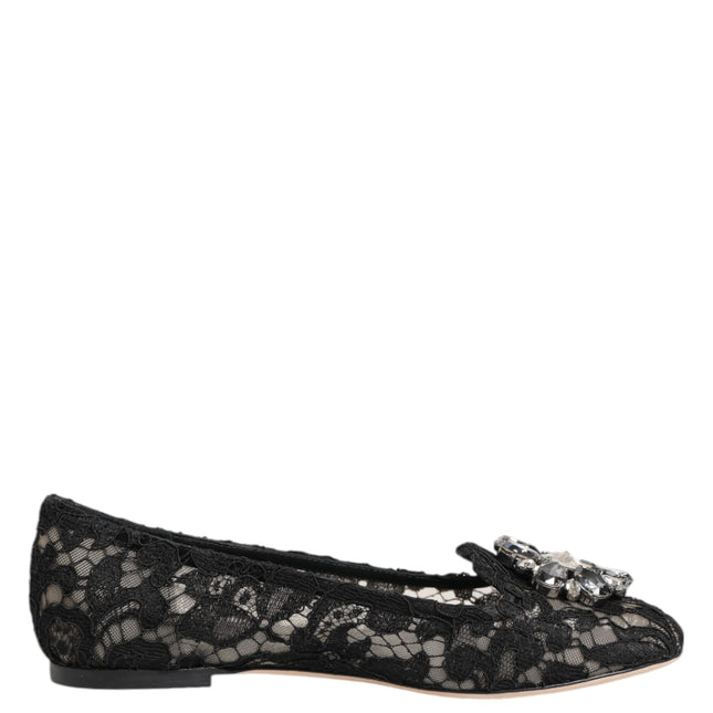 Dolce & Gabbana Black Taormina Lace Crystals Flats Shoes