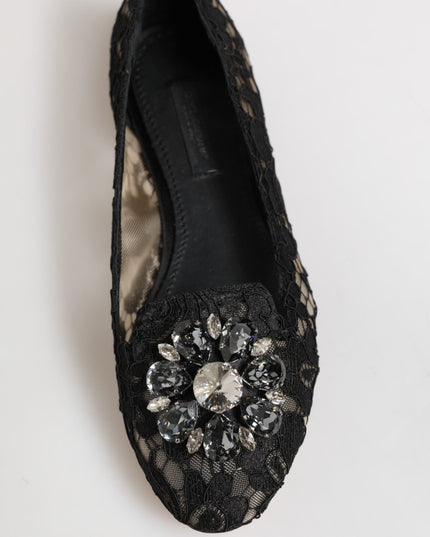 Dolce & Gabbana Black Taormina Lace Crystals Flats Shoes