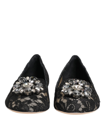 Dolce & Gabbana Black Taormina Lace Crystals Flats Shoes