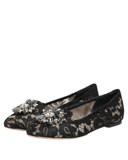 Dolce & Gabbana Black Taormina Lace Crystals Flats Shoes