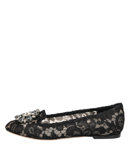 Dolce & Gabbana Black Taormina Lace Crystals Flats Shoes