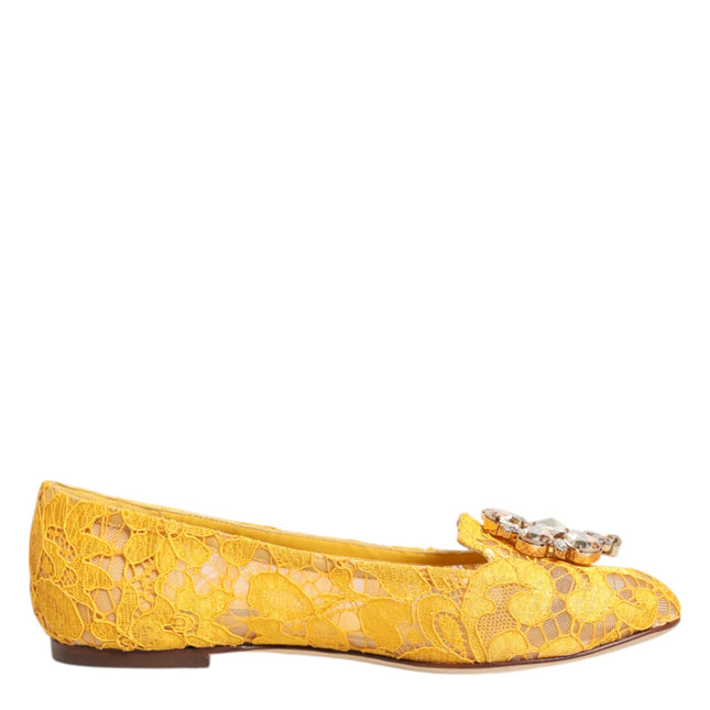 Dolce & Gabbana Yellow Taormina Lace Crystals Flats Shoes