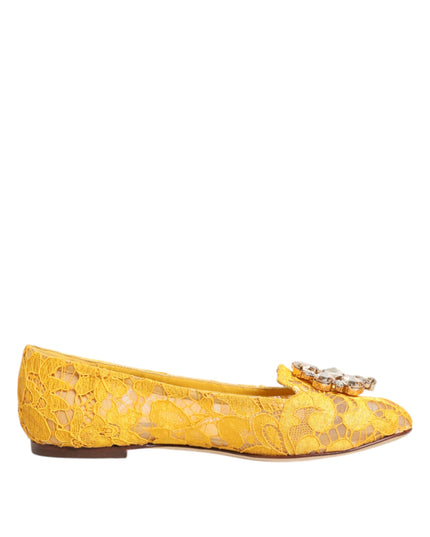 Dolce & Gabbana Yellow Taormina Lace Crystals Flats Shoes