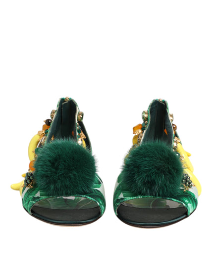 Dolce & Gabbana Green Mink Fur Satin Banana Leaf Sandals Shoes