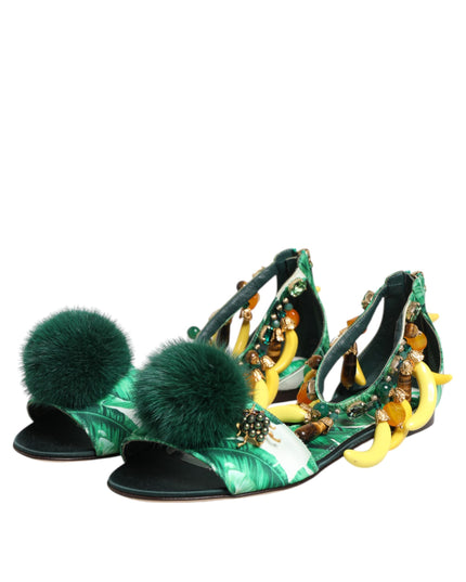 Dolce & Gabbana Green Mink Fur Satin Banana Leaf Sandals Shoes