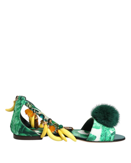 Dolce & Gabbana Green Mink Fur Satin Banana Leaf Sandals Shoes
