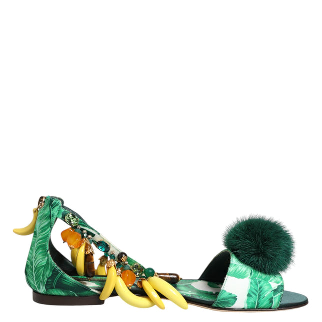 Dolce & Gabbana Green Mink Fur Satin Banana Leaf Sandals Shoes