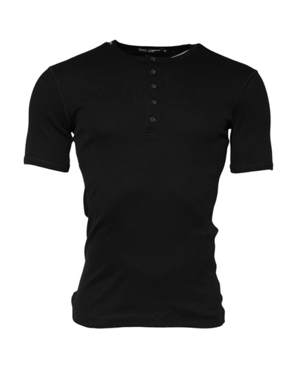 Dolce & Gabbana Black Cotton Knit Crew Neck Henley T-shirt