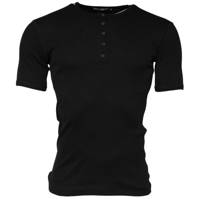 Dolce & Gabbana Black Cotton Knit Crew Neck Henley T-shirt