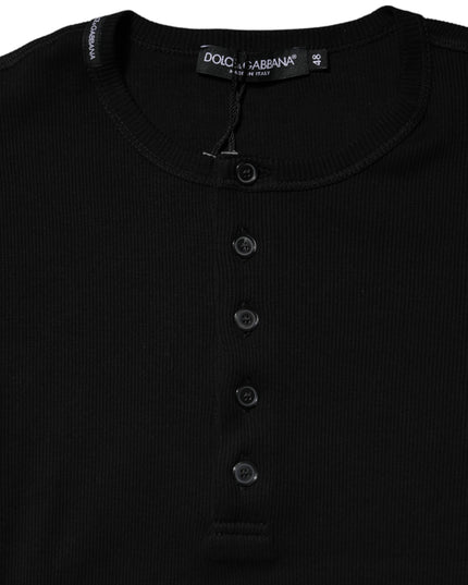 Dolce & Gabbana Black Cotton Knit Crew Neck Henley T-shirt