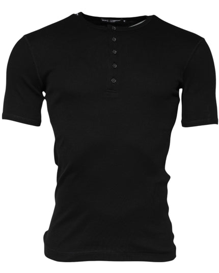 Dolce & Gabbana Black Cotton Knit Crew Neck Henley T-shirt
