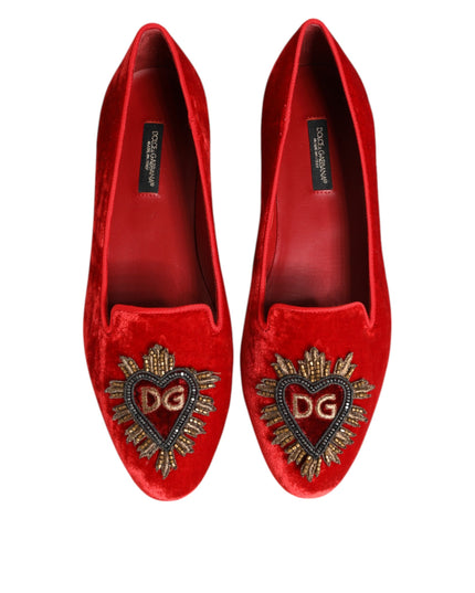 Dolce & Gabbana Red Velvet DG Heart Loafers Flats Shoes