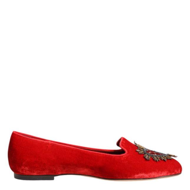 Dolce & Gabbana Red Velvet DG Heart Loafers Flats Shoes