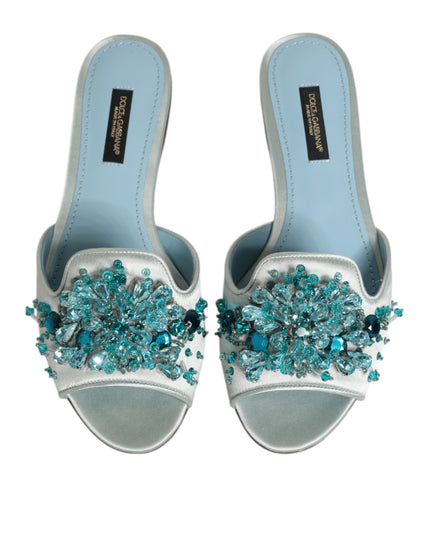Dolce & Gabbana Silver Blue Leather Bead Embellish Slide Shoes