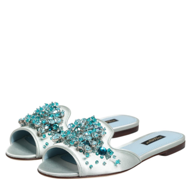 Dolce & Gabbana Silver Blue Leather Bead Embellish Slide Shoes