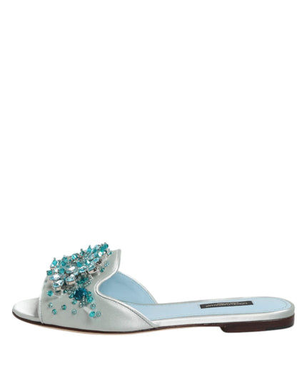 Dolce & Gabbana Silver Blue Leather Bead Embellish Slide Shoes