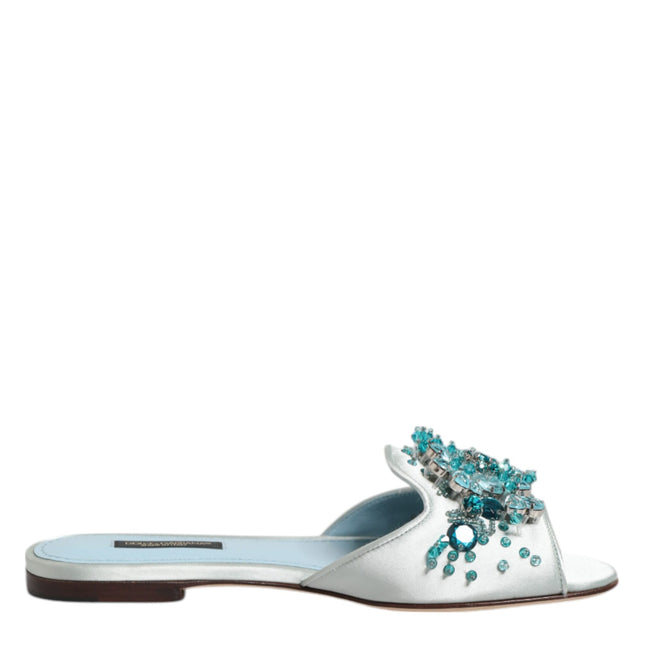 Dolce & Gabbana Silver Blue Leather Bead Embellish Slide Shoes
